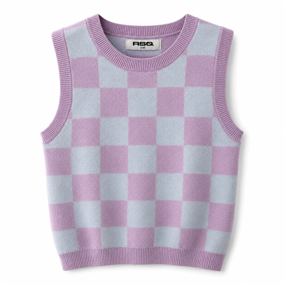 RSQ Checkerboard Sweater Vest Size Small Purple Blue Knit Y2K Crop Tillys